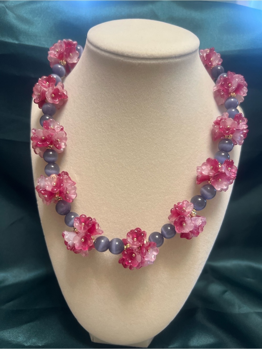 Vintage Glass Pink Flower Bead Necklace